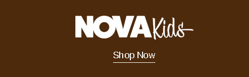 NOVA Kids brand logo in white on a brown background, with a prominent "Shop Now" link to explore new children's fashion.