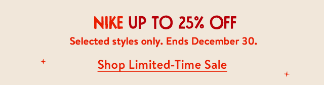 Up to 25% off selected Nike through December 30.