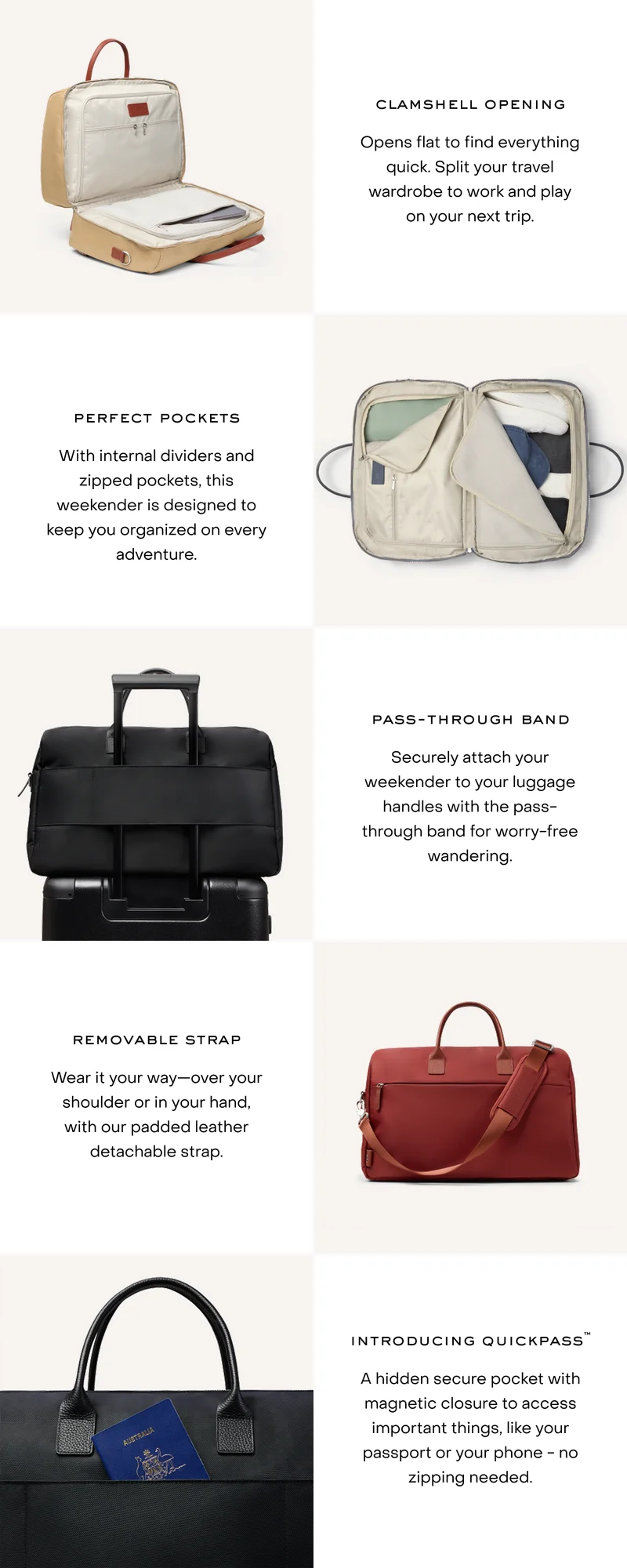 Designed to take you further, the Carry All Split Weekender opens completely flat for easy access to everything inside. From workout, to work, to wine date, it's made for whatever your day brings. One bag, endless possibilities.