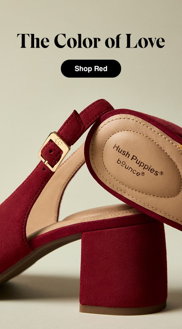 A close up of the block heel and cushioned insole on the Movena Pump in red suede. The email says The Color of Love. Shop Red
