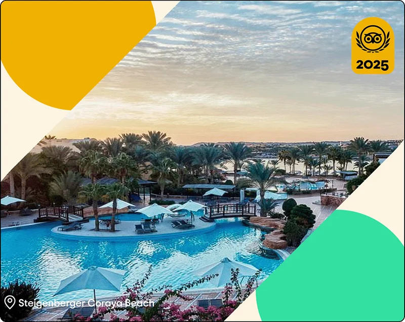 Image Description: Waterfront resort with tropical nature surrounding a pool. Two large yellow and green bubbles frame the photo with a Travelers’ Choice Awards Best of the Best 2025 yellow logo in the upper right hand corner. There is a location pin in the left hand corner and text that reads Steigenberger Coraya Beach.
