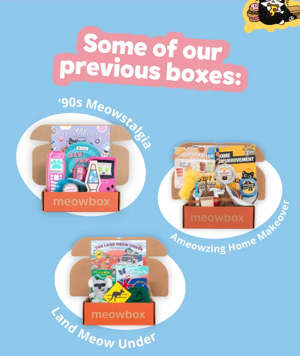 Some of our previous boxes: 90's Meowstalgia (featuring toys like the Meowkia Cell Phone, Gem Pawp Ring, Lavapurr Lamp cat toys and more), Ameowzing Home Makeover (featuring toys like the Home Impurrovement 2-pack, Inspurration Board Moodboard, Handy Helpurr Multipack Wearable Belt Toy and more) and Land Meow Under (featuring toys like the Cat-ch a Wave, Meowback Hat Wearable Hat, Purrceed with Caution Kangaroo Crossing toys and more)