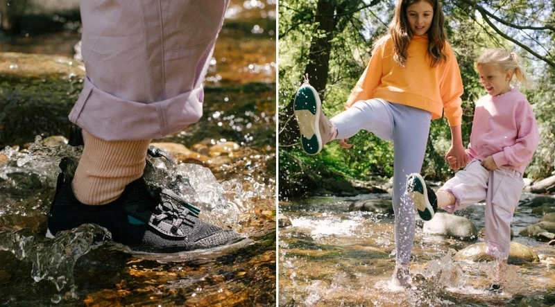 Graphics of kids wearing the newly redesigned kids shoes.