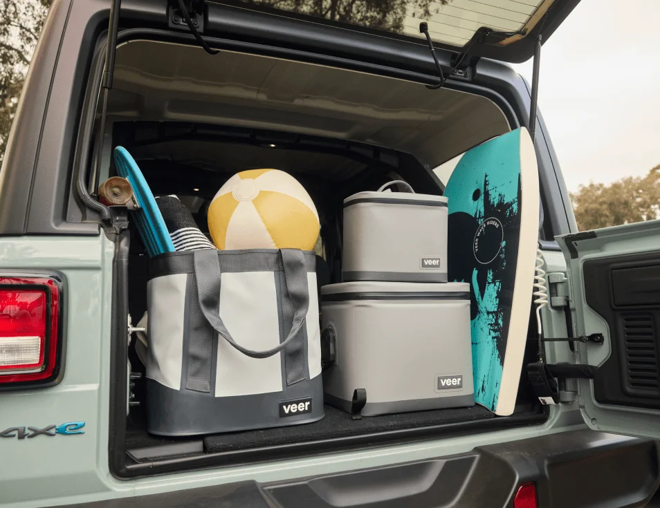 veer tote and coolers packed in the trunk