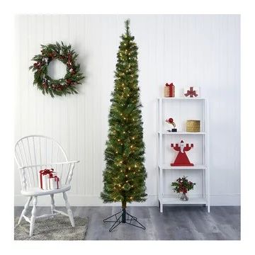 Nearly Natural 7' Pencil Faux Christmas Tree w/  LED Lights
