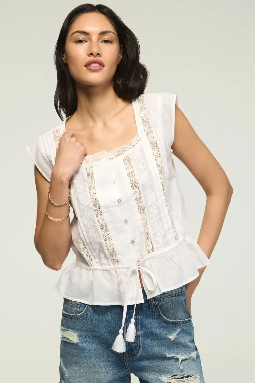 Image of Lucky Brand Short Sleeve Lace Square Neck Top - Women's Clothing Short Sleeve Tee Shirt Tops in #1479 Flint Stone