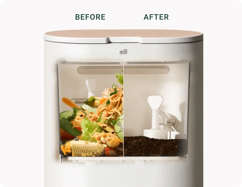Before and after: Photo of how Mill turns food scraps are turned into dried grounds overnight