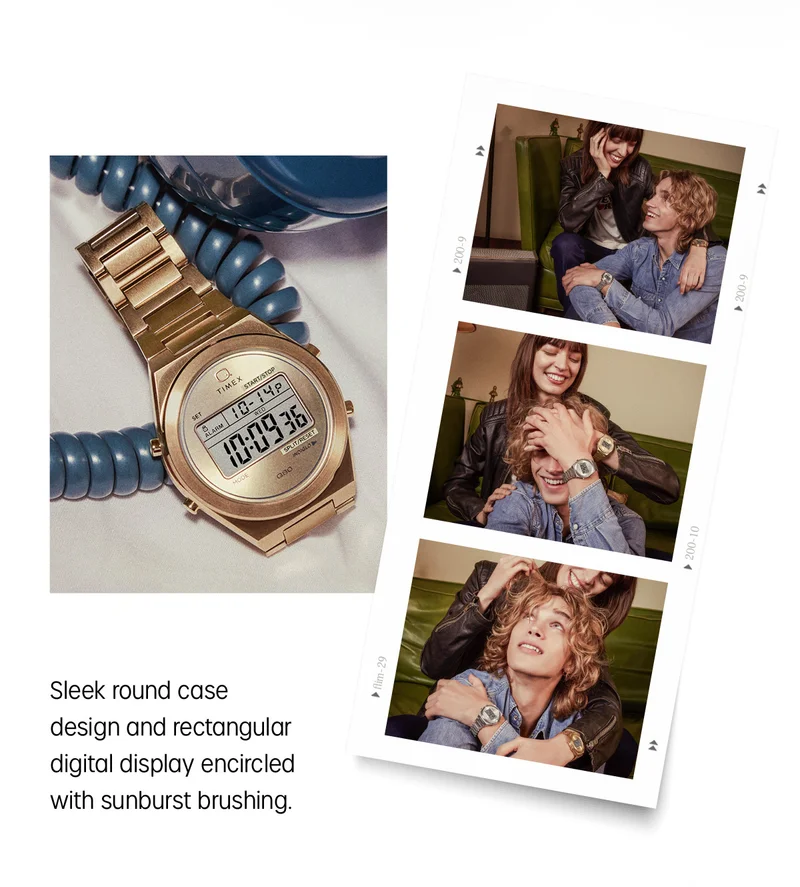 Sleek round case design and rectangular digital display encircled with sunburst brushing.