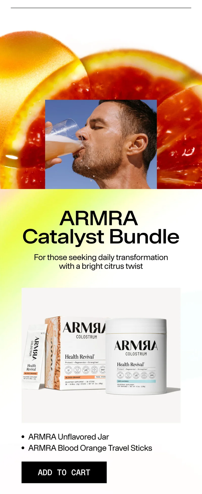 Person drinking a citrus-colored beverage above ARMRA Health Revival jar and blood orange travel sticks.