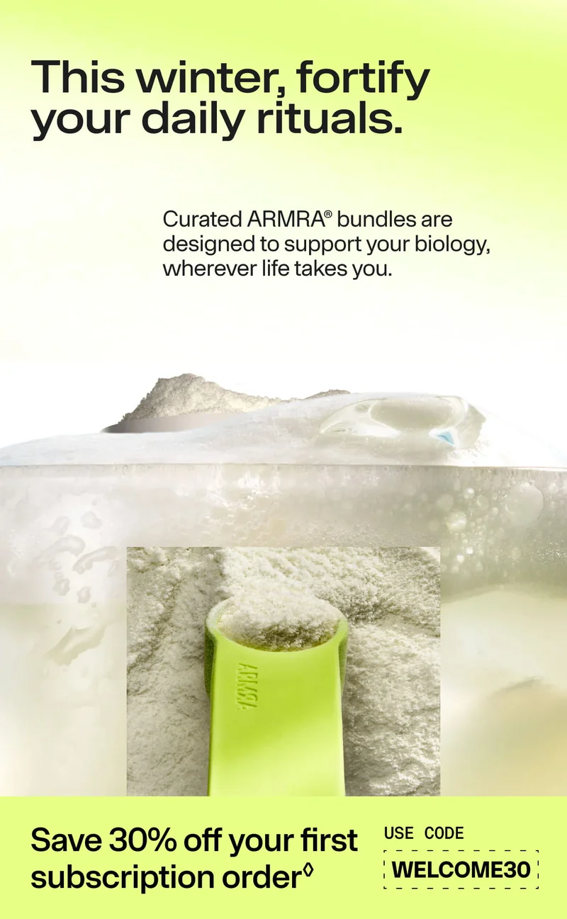 Glass of liquid with colostrum powder dissolving inside, paired with text about fortifying daily rituals.