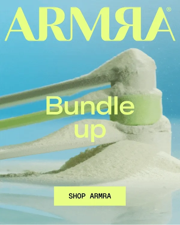 ARMRA logo above a scoop of colostrum powder resting on a jar, with “Bundle up” and a Shop ARMRA button.