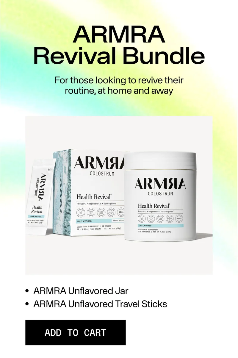 ARMRA Health Revival jar and unflavored travel sticks displayed together on a light background.