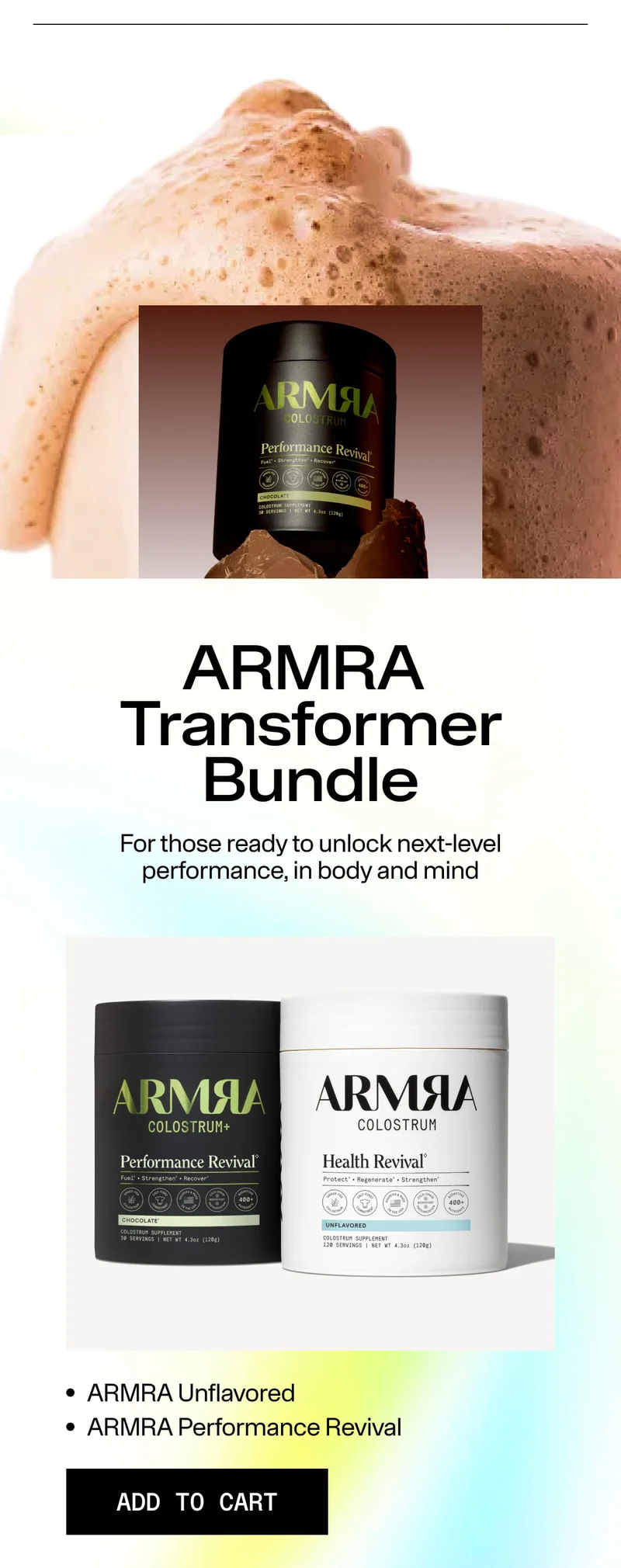 ARMRA Performance Revival and Health Revival jars shown beneath a foamy chocolate drink.