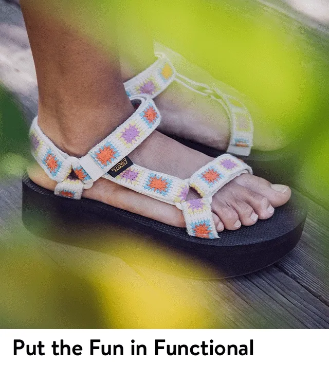 Women wearing crochet and pastel Teva sandals.