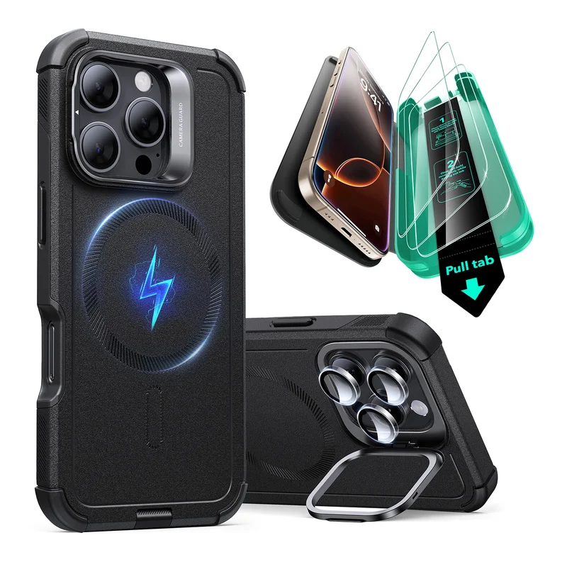 Image of iPhone 16 Pro Max Cyber Tough Case with Stash Stand Protection Bundle