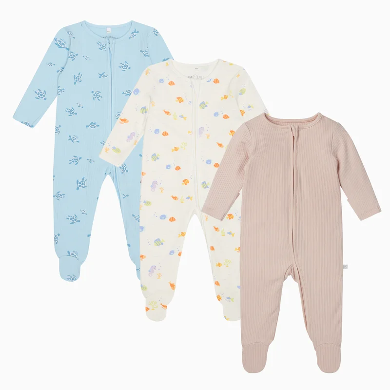 Image of Little Fish, Turtles & Ribbed Clever Zip Baby Pajamas 3 Pack