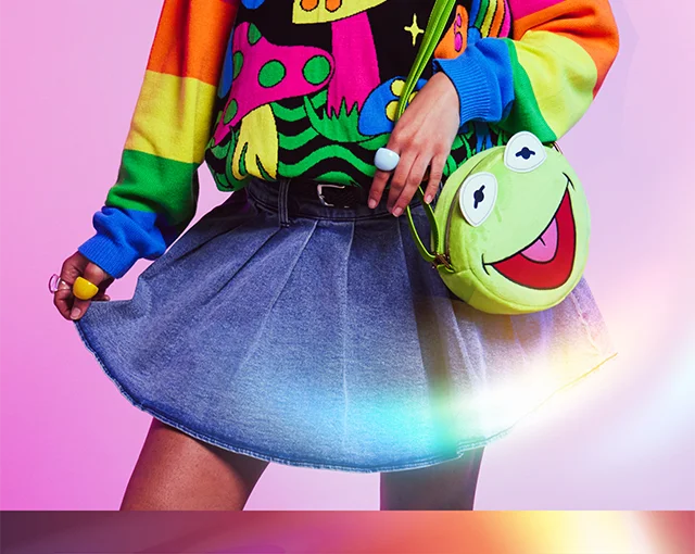 Products Featured - Rainbow Knit Sweater - Belt Denim Skirt - and Kermit Crossbody Bag