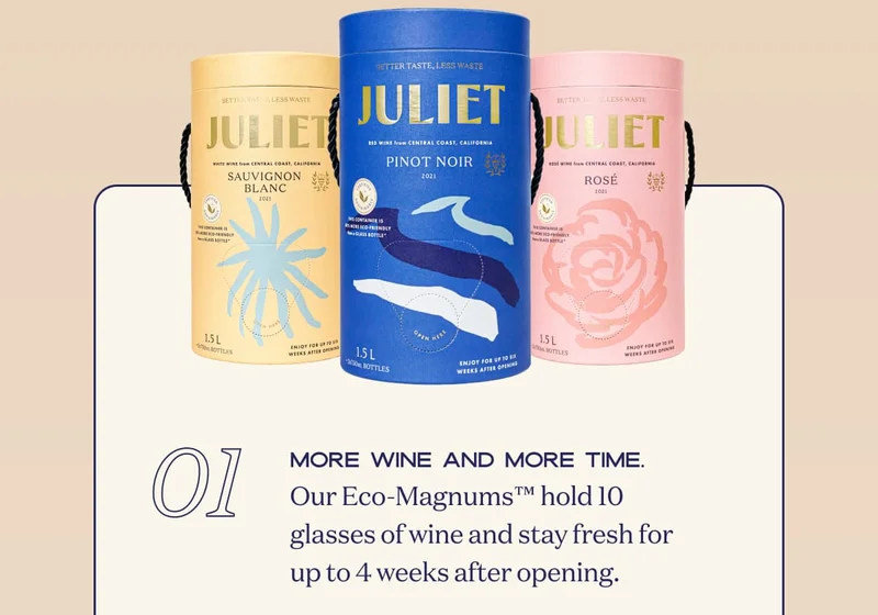 01 More wine and more time. Our Eco-Magnums™ hold 10 glasses of wine and stay fresh for up to 4 weeks after opening.