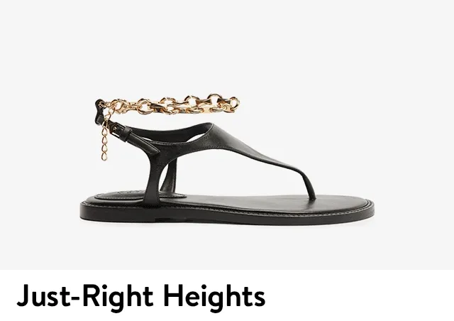 A black ankle-strap flat, red kitten-heel sandal, gold kitten-heel sandal and beige high-heel sandal.