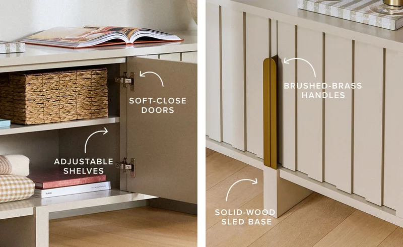 Adjustable Shelves, Soft-Close Doors, Solid-Wood Sled Base, Brushed-Brass Handles.