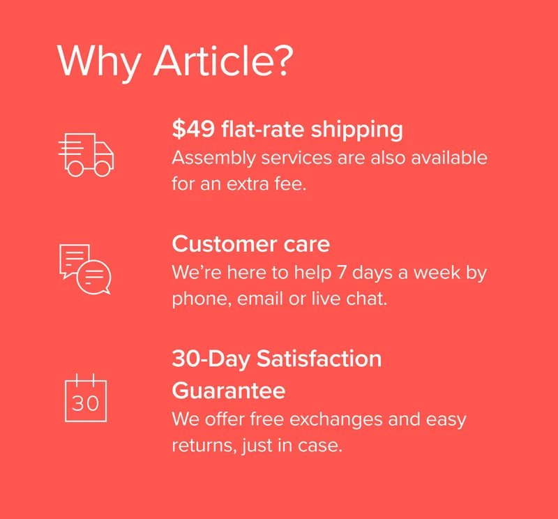 Why Article? Flat rate shipping, customer care available 7 days a week, and a 30-day satisfaction guarantee.