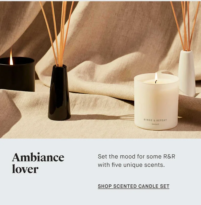 Ambiance lover. Set the mood for some R&R with five unique scents. -- SHOP SCENTED CANDLE SET