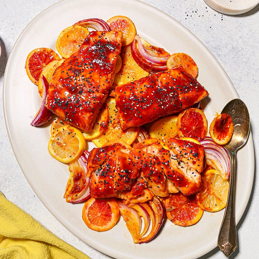 Hot Honey Glazed Salmon with Jammy Orange Slices