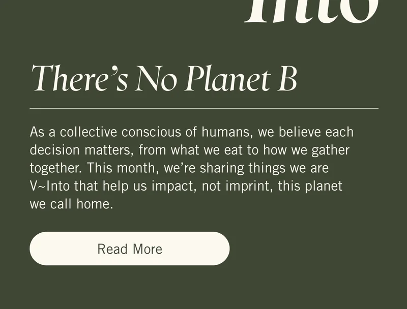 There’s No Planet B. As a collective conscious of humans, we believe each decision matters, from what we eat to how we gather together. This month, we’re sharing things we are V~Into that help us impact, not imprint, this planet we call home. Read More.