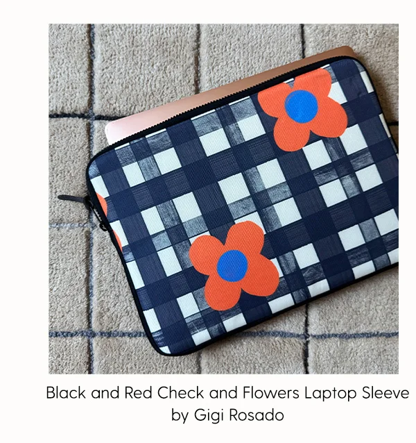 Black and Red Check and Flowers Laptop Sleeve by Gigi Rosado