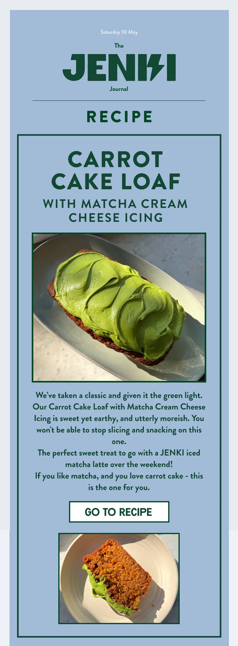 Carrot cake loaf with matcha cream cheese icing