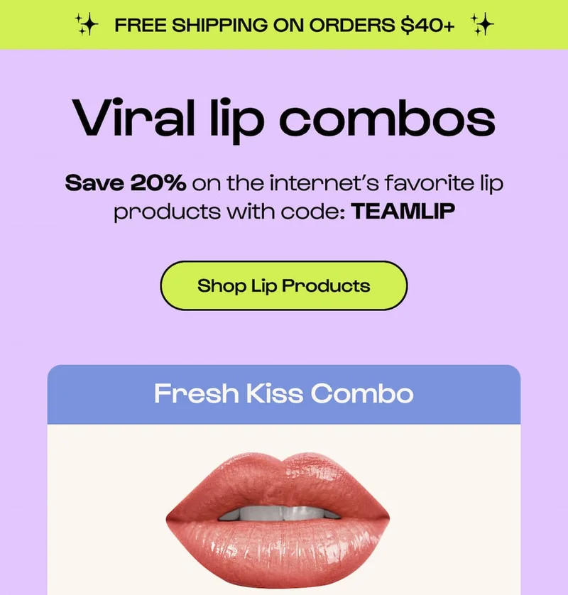 Shop 20% off lip products with code discount code