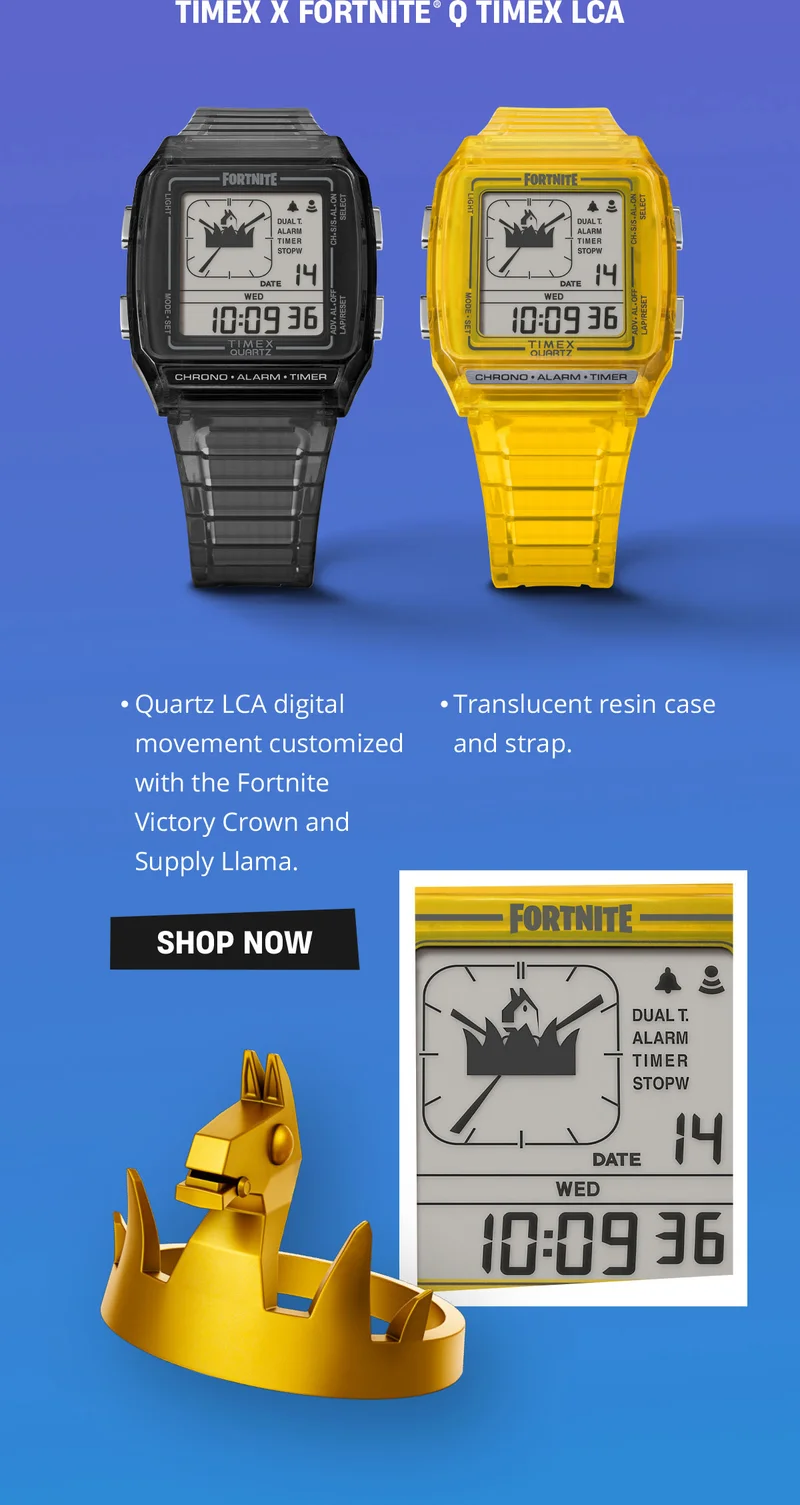 TIMEX X FORTNITE Q TIMEX LCA | Quartz LCA digital movement customized with the Fortnight Victory Crown and Supply Llama. | Translucent resin case and strap. | SHOP NOW