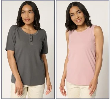 LOGO Principles by Lori Goldstein Rib Henley and Tank 2-Pack