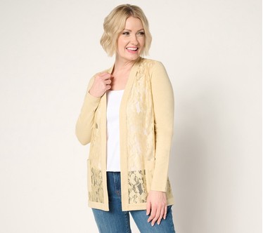 LOGO by Lori Goldstein Lace and Knit Open Front Cardigan