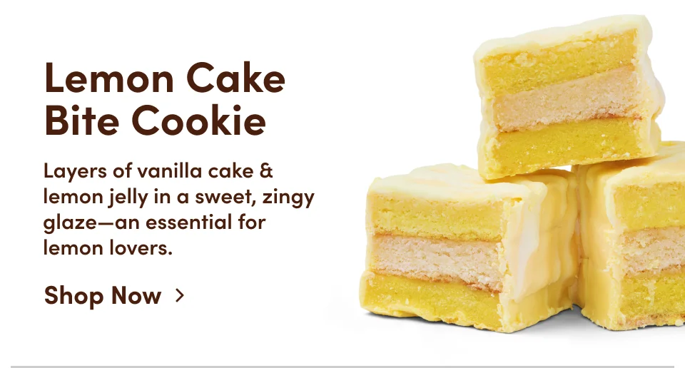 Lemon Cake Bite Cookie | Layers of vanilla cake & lemon jelly in a sweet, zingy glaze-an essential for lemon lovers; Shop Now