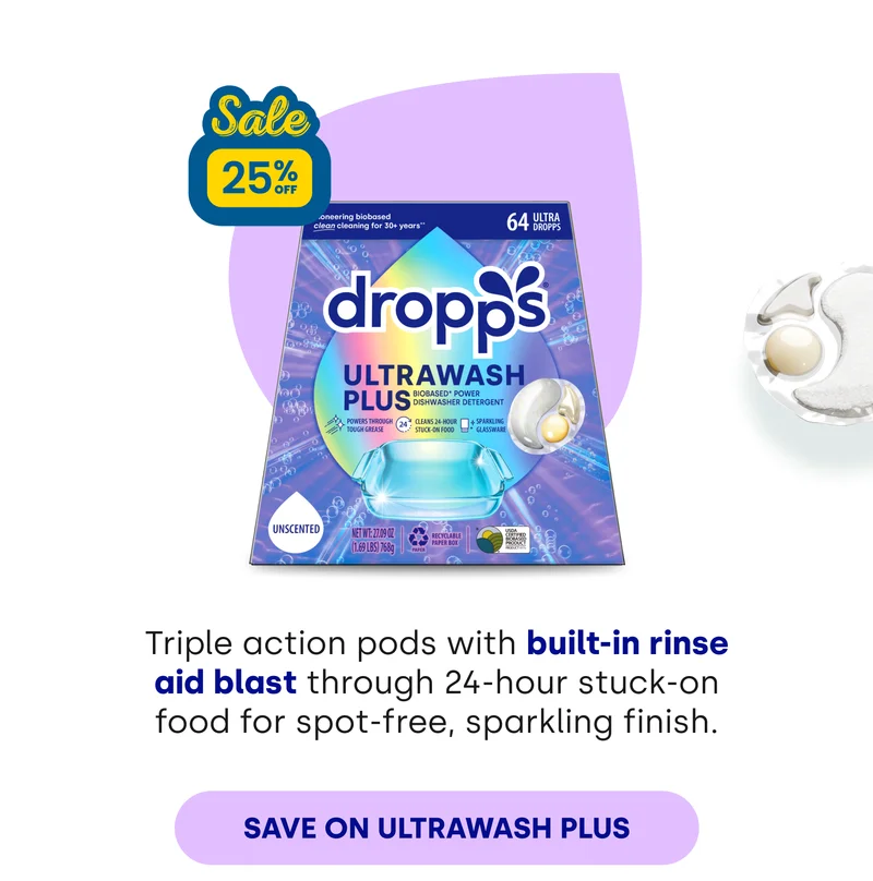 Triple action pods with built-in rinse aid blast through 24-hour stuck-on food for spot-free, sparkling finish. SAVE ON ULTRAWASH PLUS