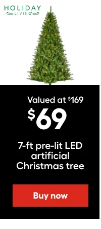 HOLIDAY LIVING. Valued at $169, $69. 7-ft pre-lit LED artificial Christmas tree.