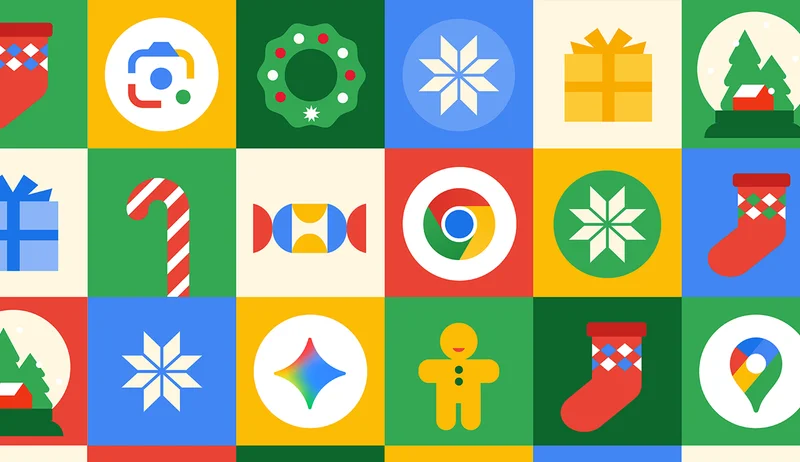 A festive, colorful grid of holiday icons, including snowmen, snowflakes, candy canes, wreaths, stockings, and gift boxes, interspersed with stylized Google product logos (Nest, Chrome, Home, Maps).