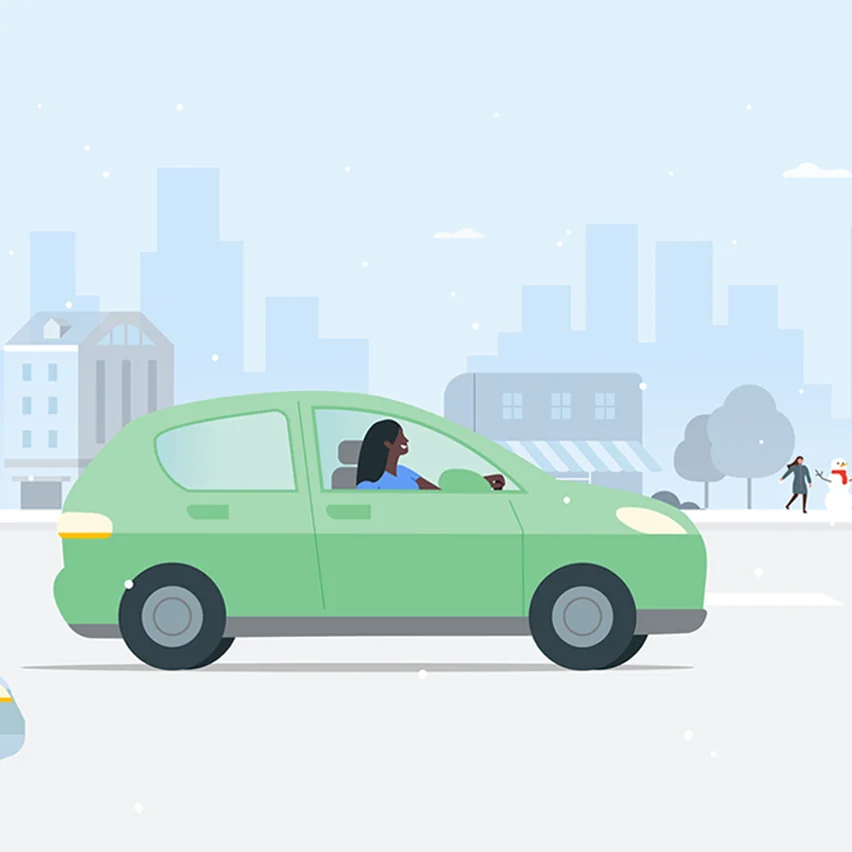 Illustration of a person driving a green car in a city on a snowy day, with buildings and a snowman in the background.