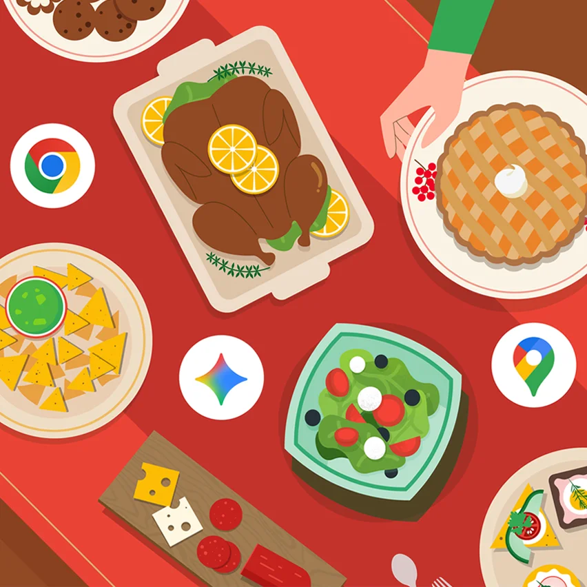 Overhead illustration of a holiday dinner table set with food like a turkey, pie, chips and guacamole, salad, and a charcuterie board, with Google product logos on the plates.