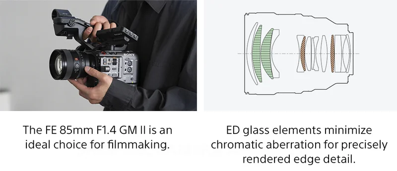 The FE 85mm F1.4 GM II is an ideal choice for filmmaking. | ED glass elements minimize chromatic aberration for precisely rendered edge detail.