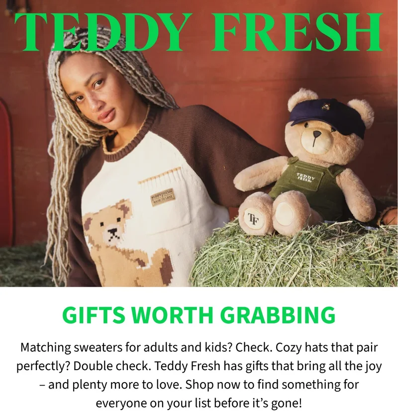 Model is wearing our Bear and Me Sweater and holding our Teddy Bear