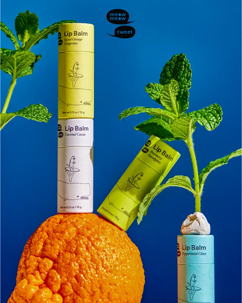 Three lip balms are stacked on an orange with mint sticking out of their tops