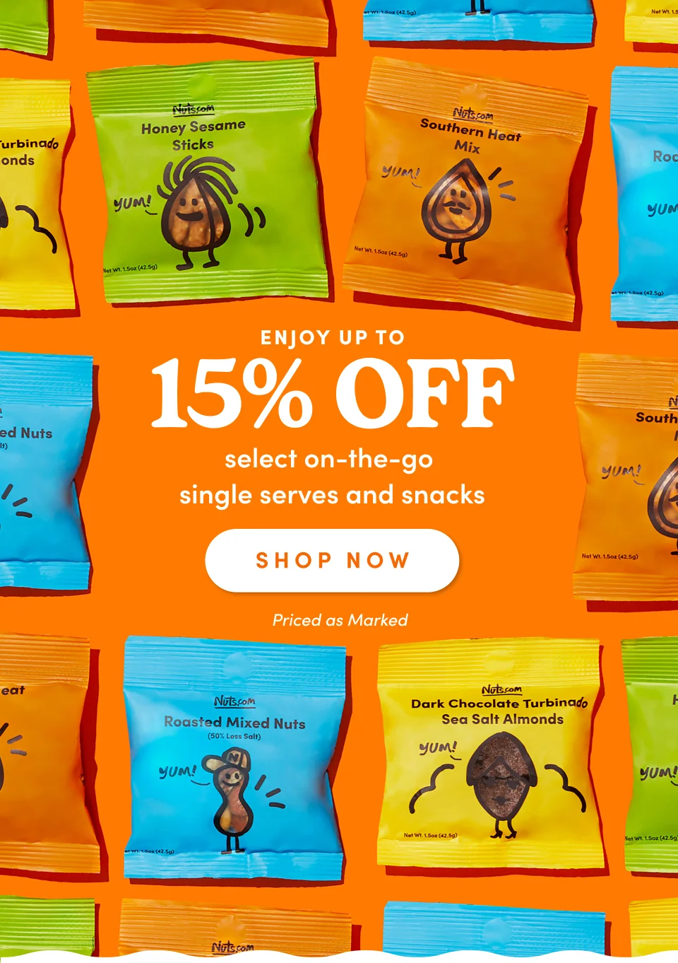 Nuts.com; Enjoy Up to 15% OFF select on-the-go  single serves and snacks SHOP NOW