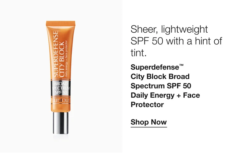 Sheer, lightweight SPF 50 with a hint of tint. | Superdefense™ City Block Broad Spectrum SPF 50 Daily Energy + Face Protector | Shop Now