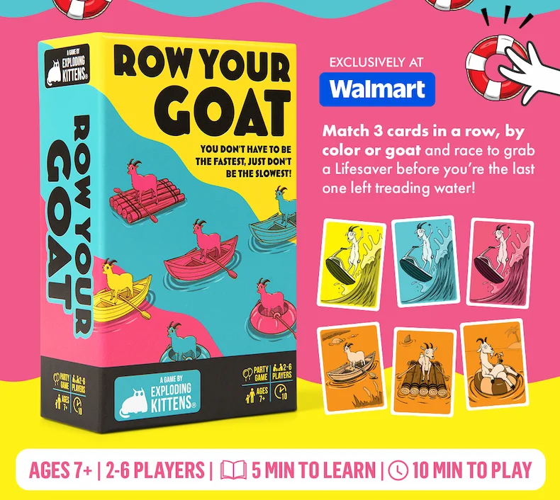 EXCLUSIVELY AT WALMART | Match 3 cards in a row, by color or goat and race to grab a Lifesaver before you're the last one left treading water! | AGES 7+ | 2-6 PLAYERS | 5 MIN TO LEARN | 10 MIN TO PLAY