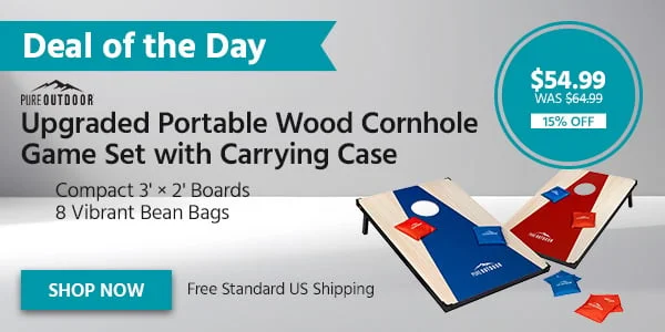 Deal Of The Day: Pure Outdoor Upgraded Portable Wood Cornhole Game Set With Carrying Case. Compact 3' × 2' Boards. 8 Vibrant Bean Bags. $54.99 Was $64.99. 15% Off. Free Standard US Shipping. Shop Now.