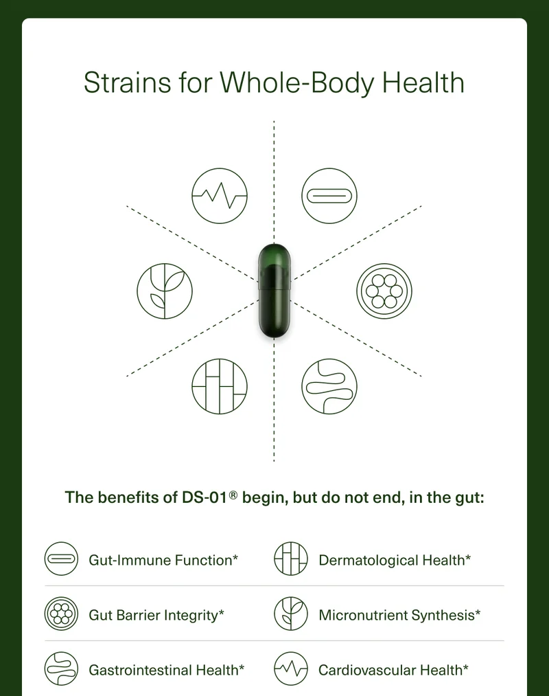 Strains for Whole-Body Health The benefits of DS-01® begin, but do not end, in the gut: Gut-Immune Function* Gut Barrier Integrity* Gastrointestinal Health* Dermatological Health* Micronutrient Synthesis* Cardiovascular Health*