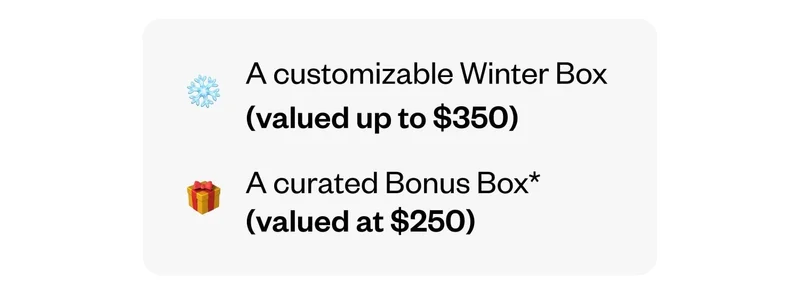 Your customizable Winter Box (valued up to $350) | Your curated Bonus Box (valued at $250)