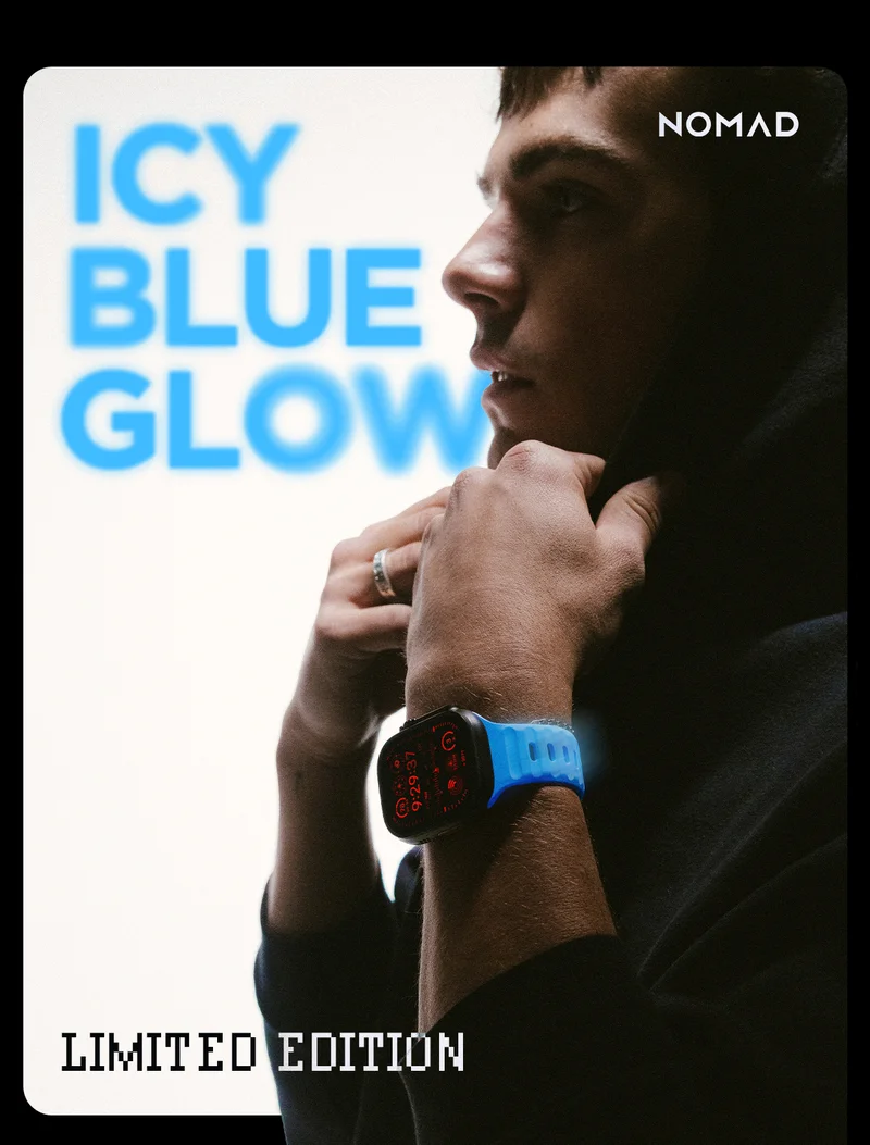 Icy Blue Glow. Limited Edition. Featuring a blue glow in the dark Sport Band on Apple Watch Ultra.
